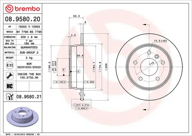 Brzdový kotouč BREMBO 08.9580.20 Víkendová Akce